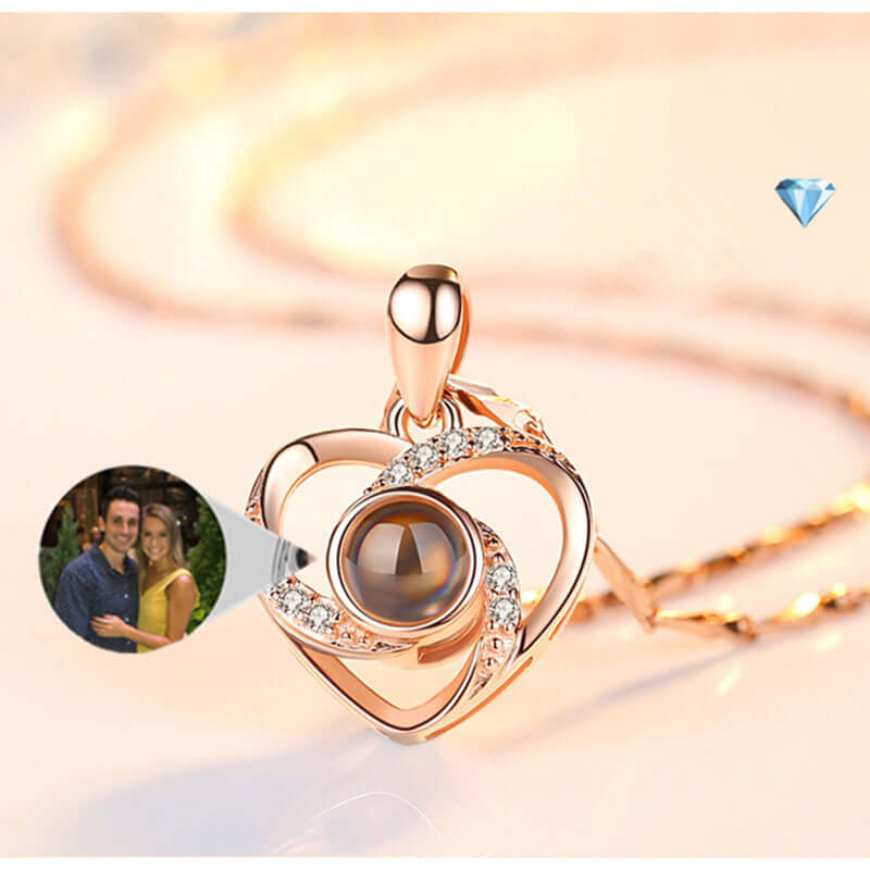 S925 silver heart-shaped pendant necklace with colorful photo projection feature, perfect for gifting memories.