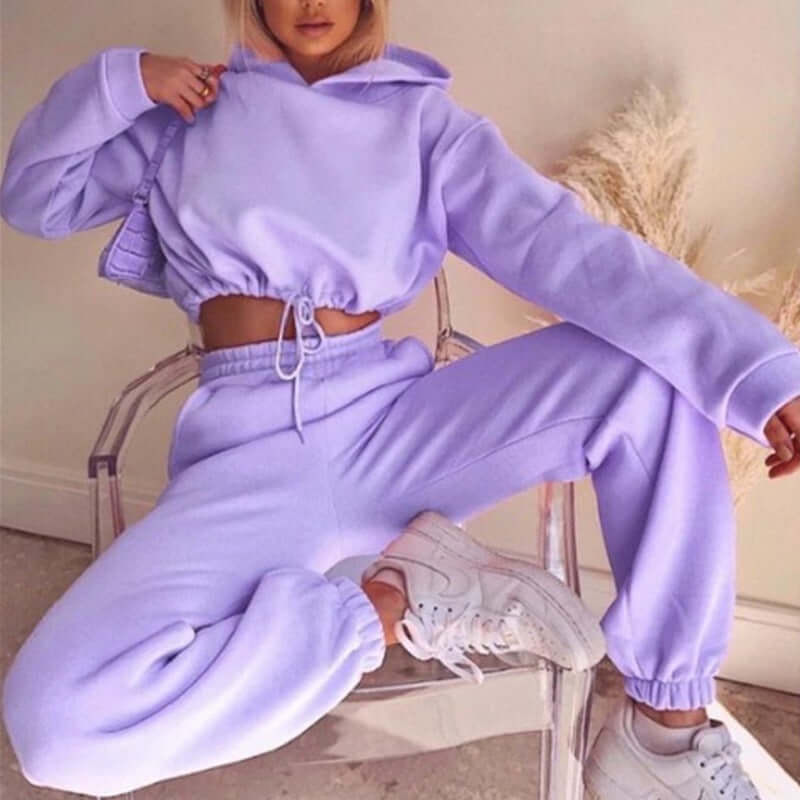 Stylish women's 2-piece jogger suit in lavender, featuring a cropped hoodie and long pants, ideal for casual fitness.