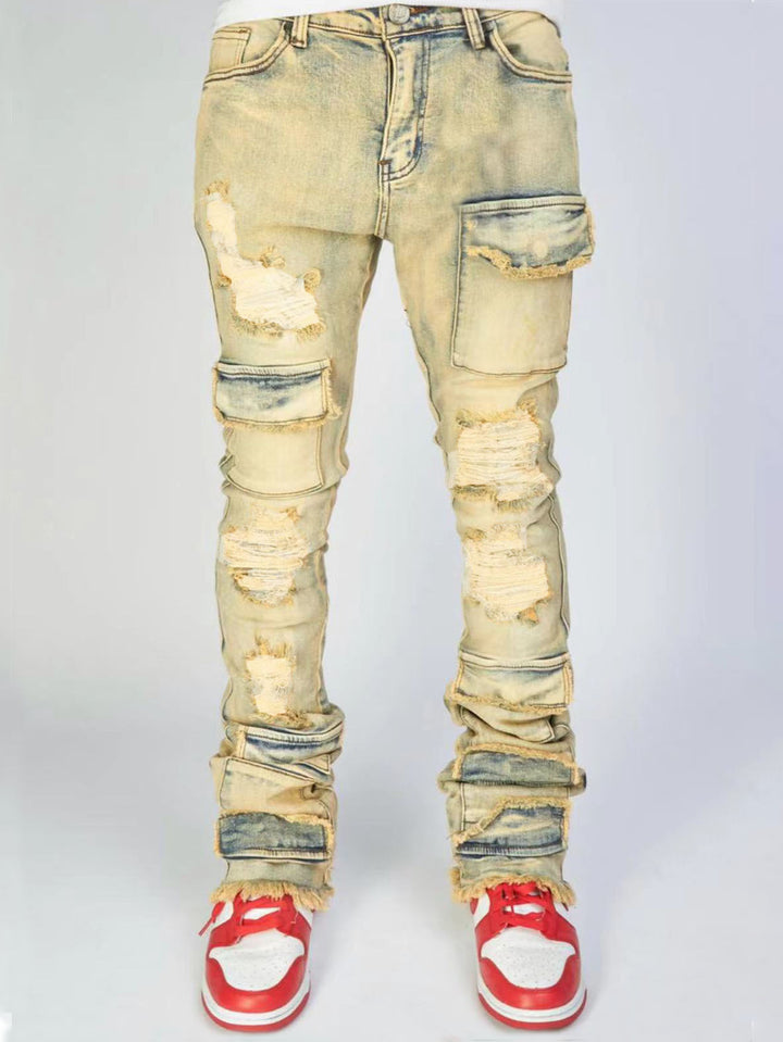 Men's Denim Straight-leg Overalls European And American Fashion Stretch Ripped Laminated Micro-pull Pants