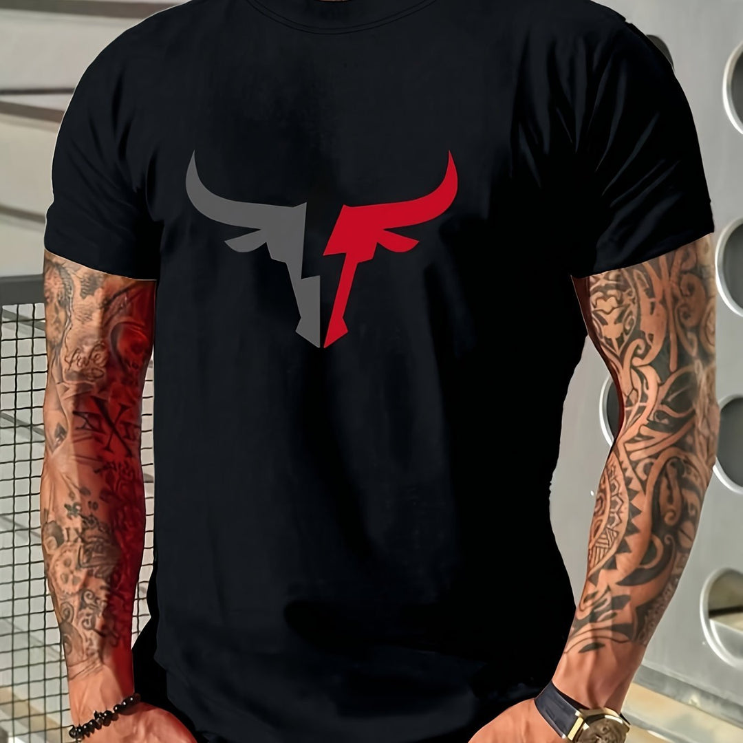 Men's Bull Pattern Printed T-shirt, Casual Short Sleeve Round Neck T-shirt, Summer Outdoor Men's Wear