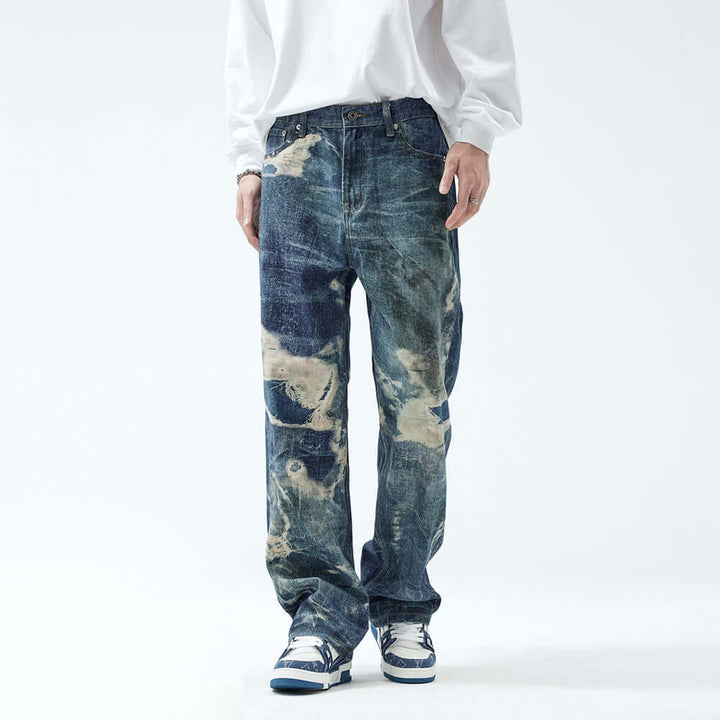 Fake Ripped Jeans Men's Fashion Straight Trousers