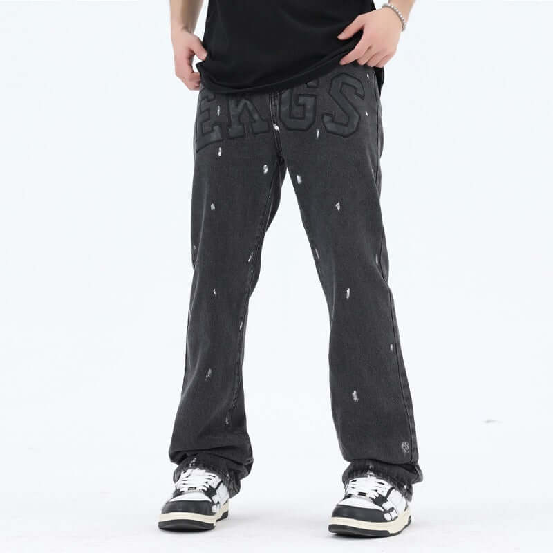 American Retro High Street Loose Straight Mop Leather Splash-ink Jeans