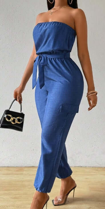 Women's Summer Casual Denim-Look Strapless Jumpsuit With Utility Design