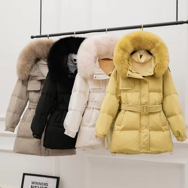 All-matching Hooded Warm Big Fur Collar Casual Mid-length Down Jacket