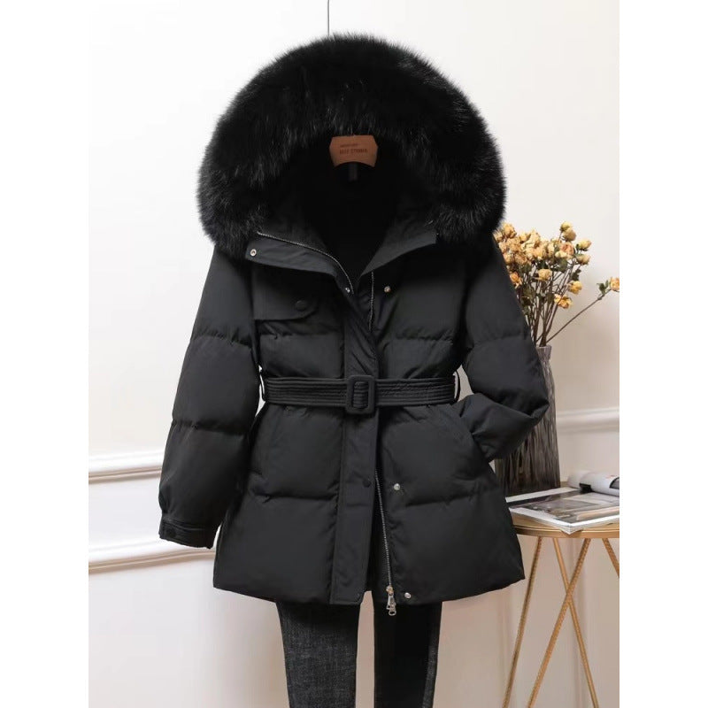 All-matching Hooded Warm Big Fur Collar Casual Mid-length Down Jacket