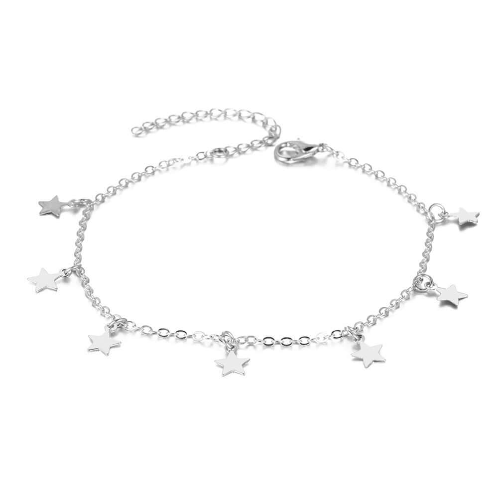 Simple star fashion anklet jewelry in silver with geometric star charms for women, perfect for any occasion.