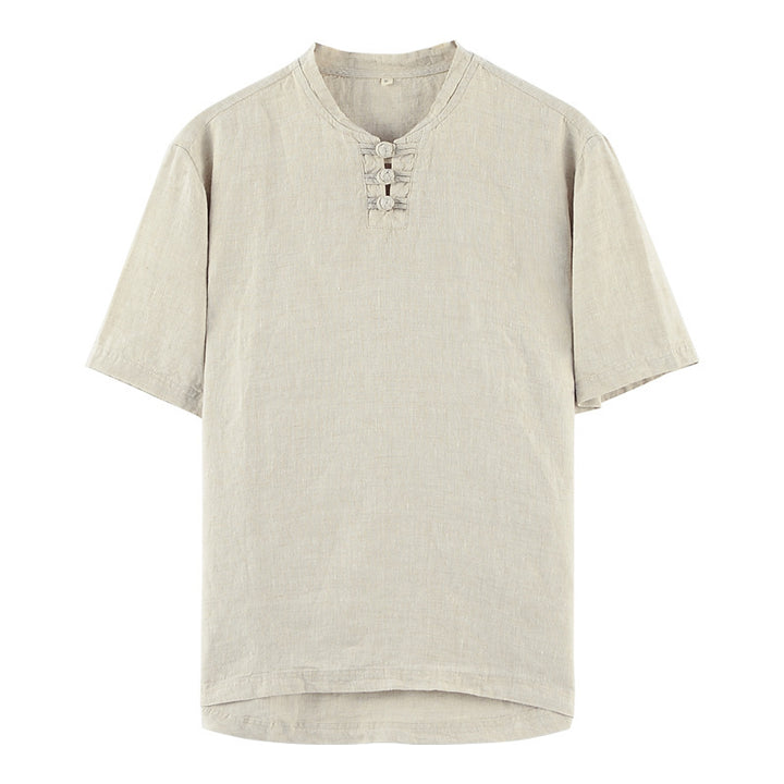 Chinese Style Small Stand Collar Pullover Linen Short Sleeve