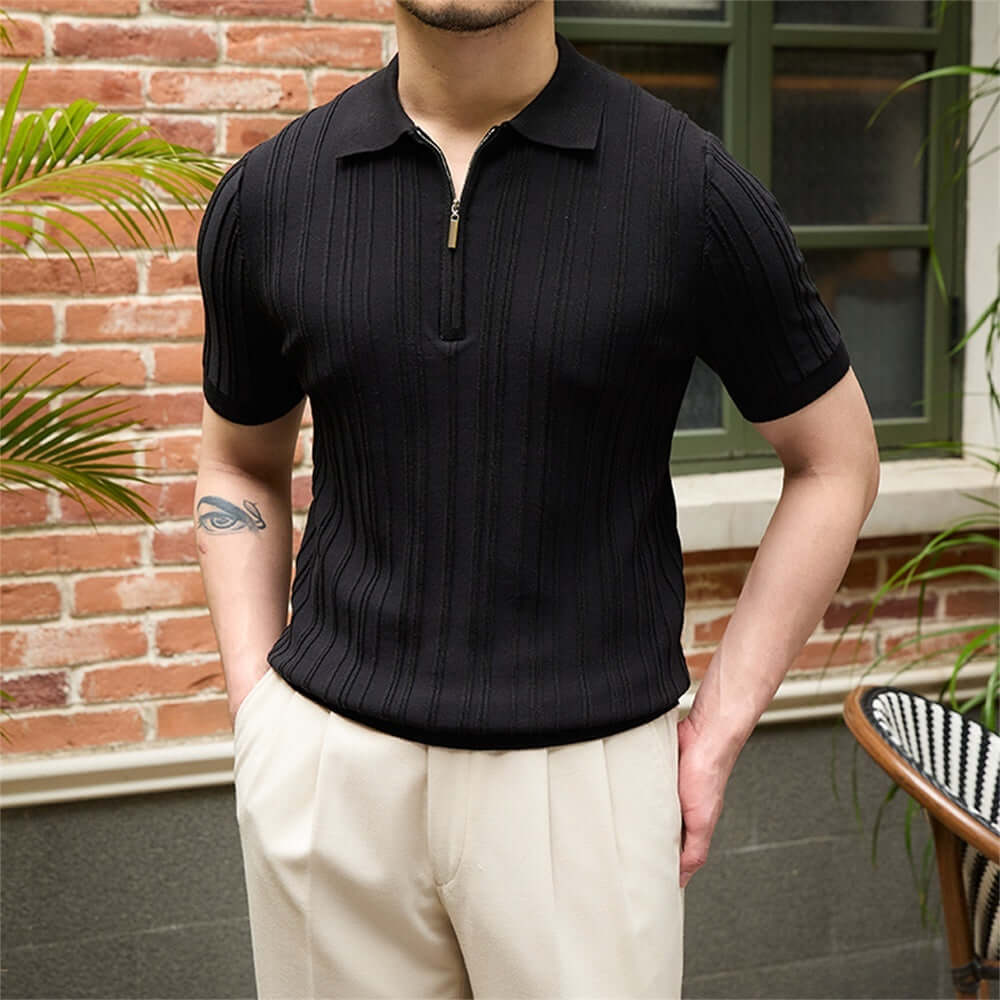 All-matching Slim Fit Sunken Stripe Knitwear Short Sleeve