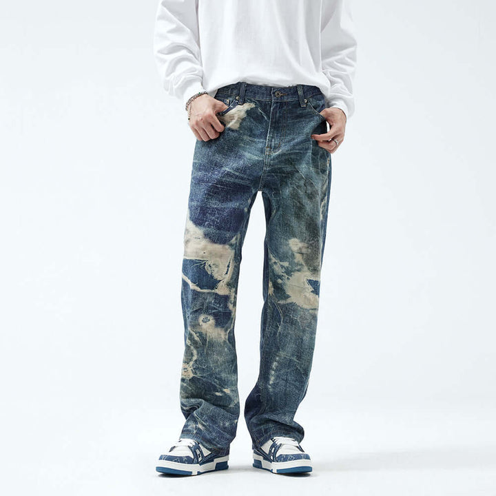 Fake Ripped Jeans Men's Fashion Straight Trousers