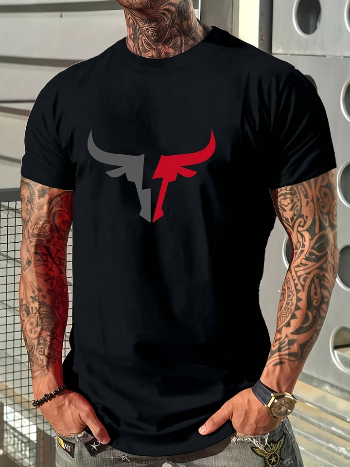 Men's Bull Pattern Printed T-shirt, Casual Short Sleeve Round Neck T-shirt, Summer Outdoor Men's Wear